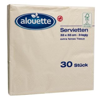 alouette Servietten, Farbe: champagner, 3-lagig, extra feines Tissue, ca. 33 x 33 cm, 30 Stk, 1er Pack