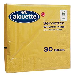 alouette Servietten, Farbe: gelb, 3-lagig, extra feines Tissue, ca. 33 x 33 cm, 30 Stk (1er Pack)