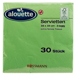 alouette Servietten, Farbe: apfelgrün, 3-lagig, extra feines Tissue, ca. 33 x 33 cm, 30 Stück (1er Pack)