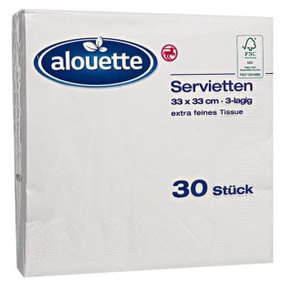 alouette Servietten, Farbe: weiss, 3-lagig, extra feines Tissue, ca. 33 x 33 cm, 30 Stück (1er Pack)
