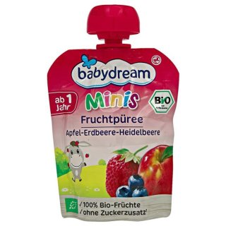 babydream Minis Bio Fruchtpüree Apfel-Erdbeere-Heidelbeere Bio-Fruchtpüree Apfel-Erdbee...  mehr 90 g