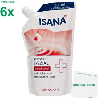 ISANA Arztseife Spezial antibakterielle 6er Pack (6x500ml Nachfüllbeutel) + usy Block