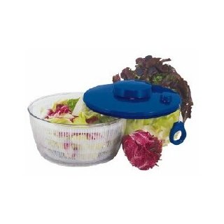 Salatschleuder aus Kunststoff mit Seilzug, Siebeinsatz, Schüssel transparent