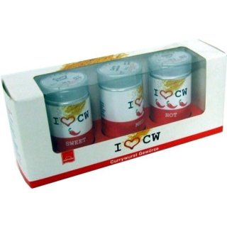 Hartkorn Currywurst Gewürz, 3 Sorten Geschenkbox (Sweet,Medium,Hot in 28g Dose)