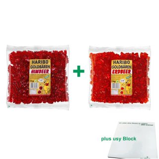 Haribo Goldbären Testpaket Himbeere & Erdbeere (je 1kg sortenrein) + usy Block