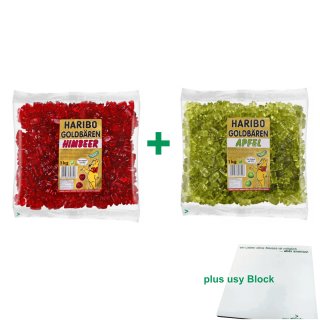 Haribo Goldbären Testpaket Himbeere & Apfel (je 1kg sortenrein) + usy Block