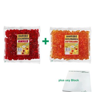 Haribo Goldbären Testpaket Himbeere & Orange (je 1kg sortenrein) + usy Block