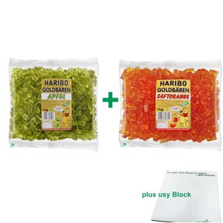 Haribo Goldbären Testpaket Apfel & Orange (je 1kg sortenrein) + usy Block