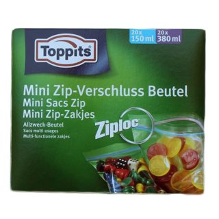 Toppits Ziploc Mini Zip Verschluss Beutel (40 Stck. 20x150ml und 20x380ml)