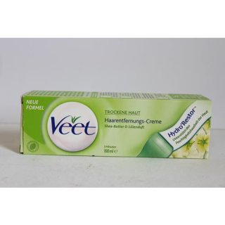 Veet Haarentfernungs-Creme Shea-Butter Lilienduft f. Trockene Haut 3 Minuten (100ml Packung)